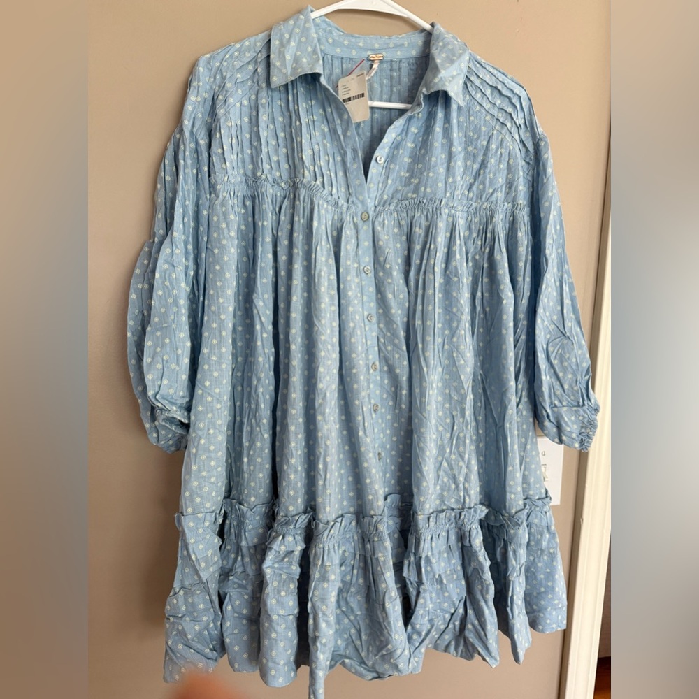 NWT FREE PEOPLE Blue & White Ruffled Dress or Tunic ?  $128  Size S